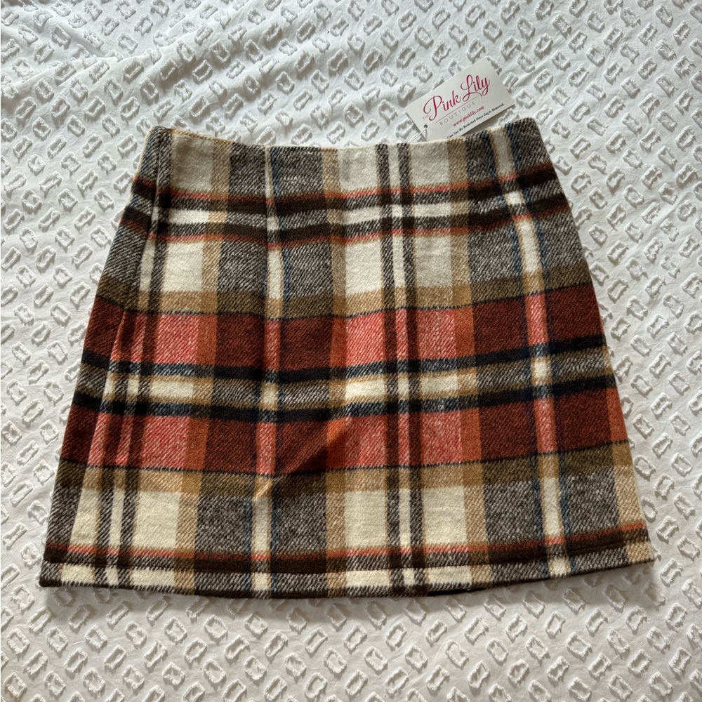 Pink Lily Orange Plaid Skirt